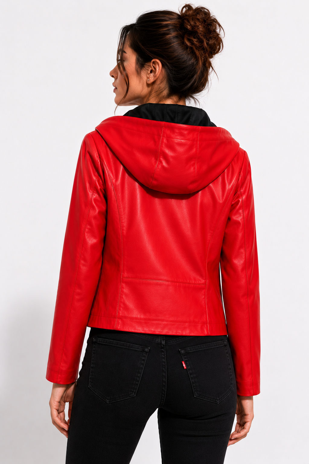 Red Lamb Leather Hooded Jacket for Women