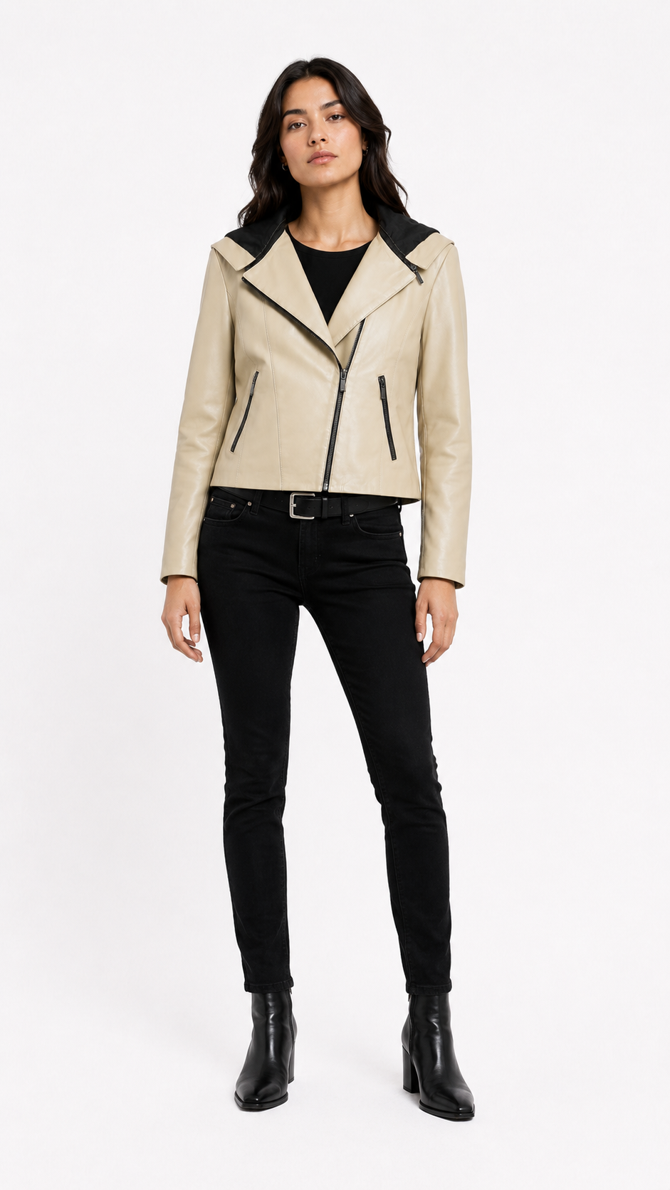 Beige Lamb Leather Hooded Jacket for Women