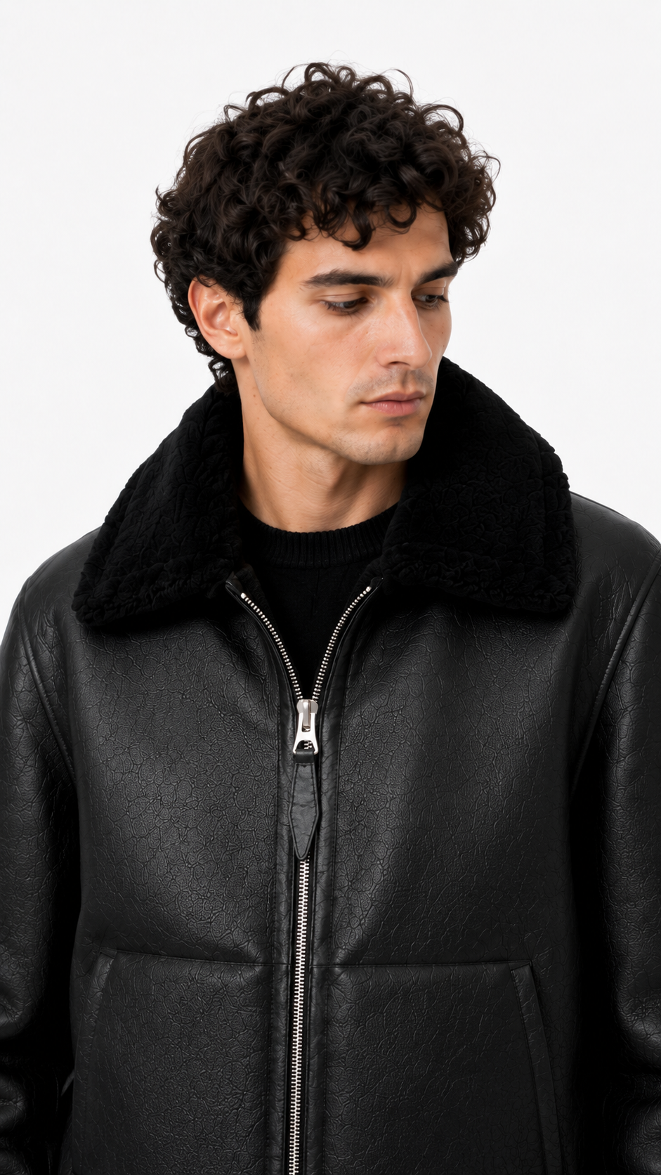 Lamb Fur Black Leather Jacket for Men