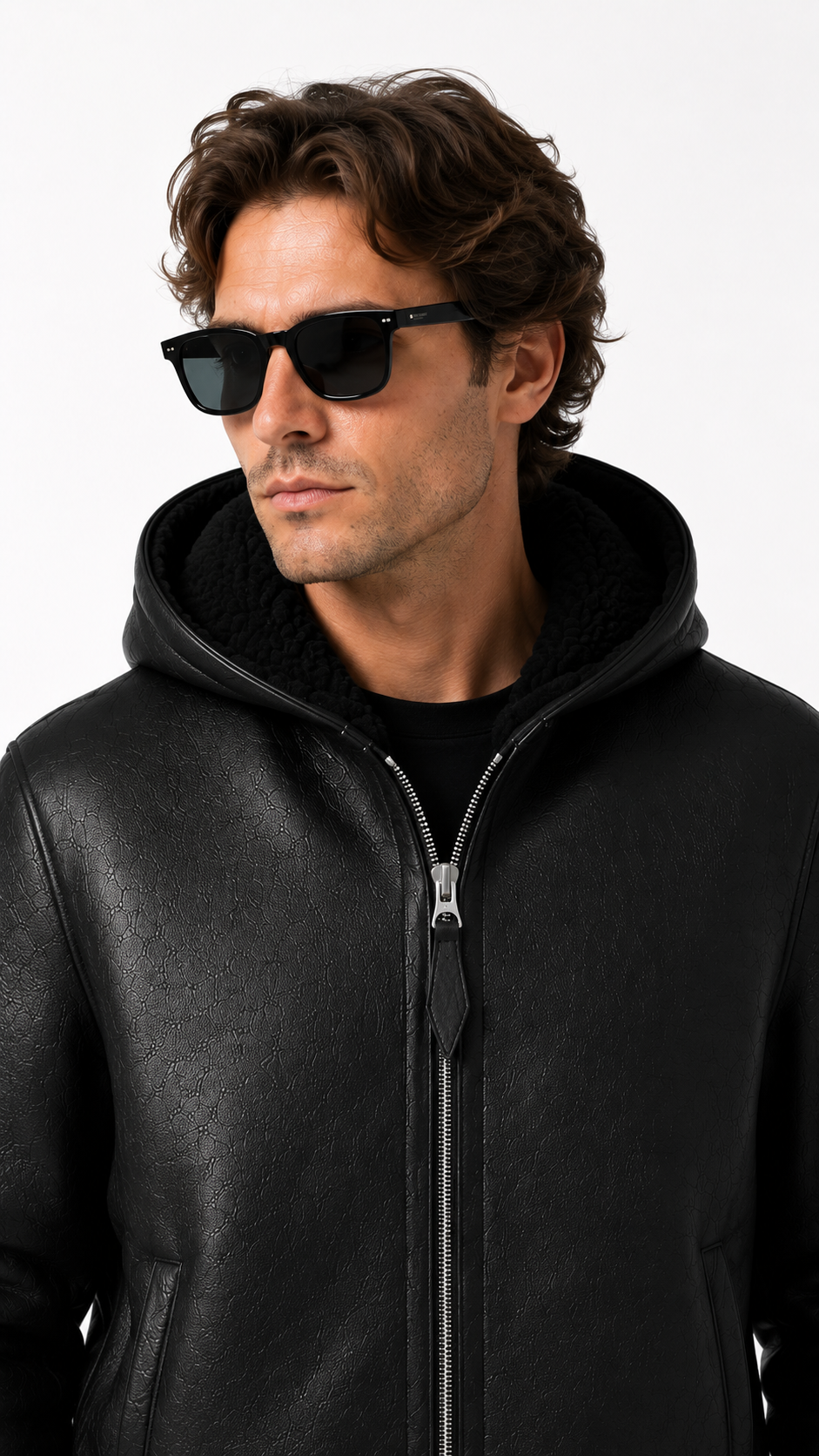 Lamb Leather Fur Black Hooded Jacket for Men
