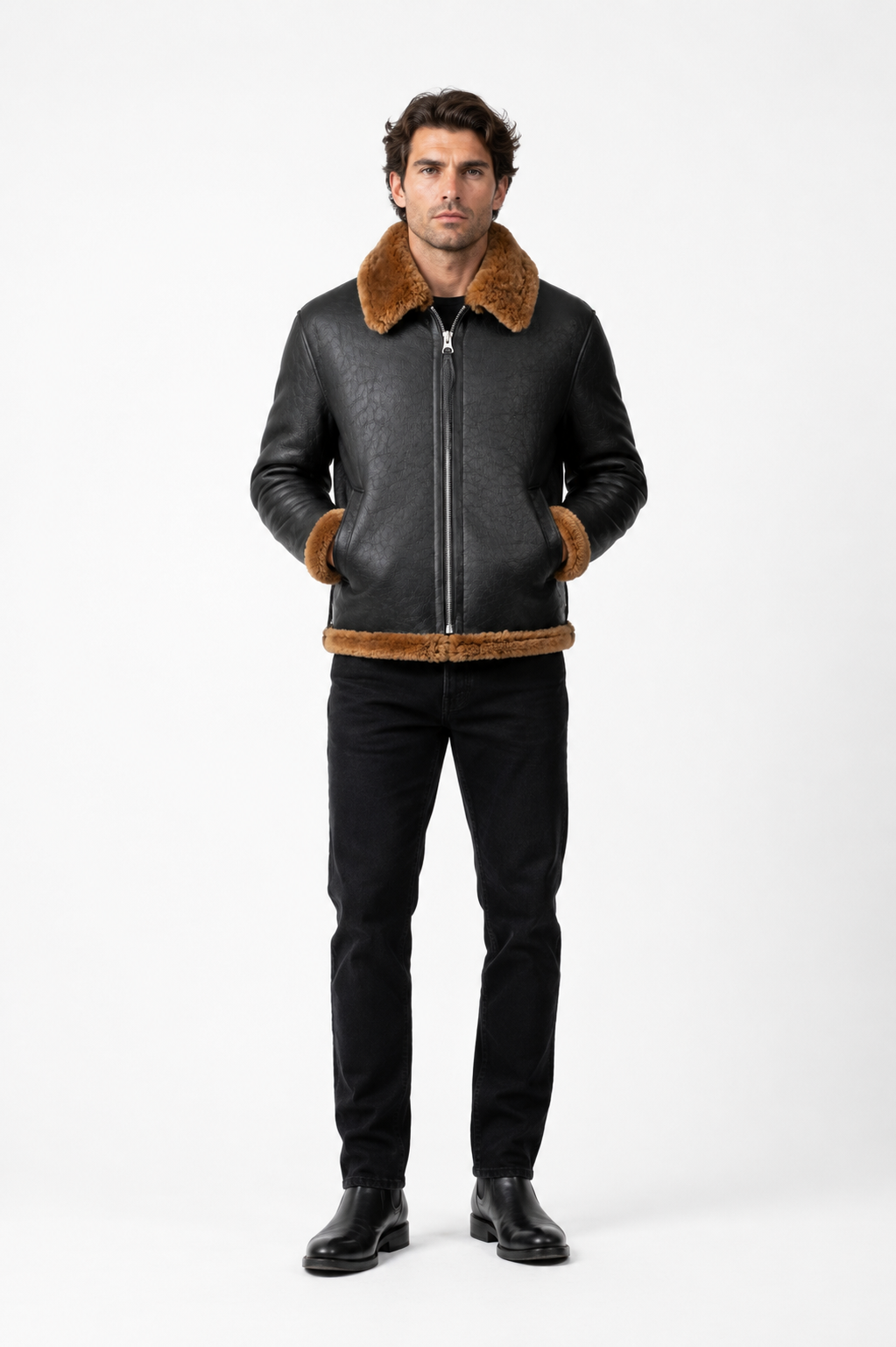 Lamb Leather Fur Black Jacket for Men