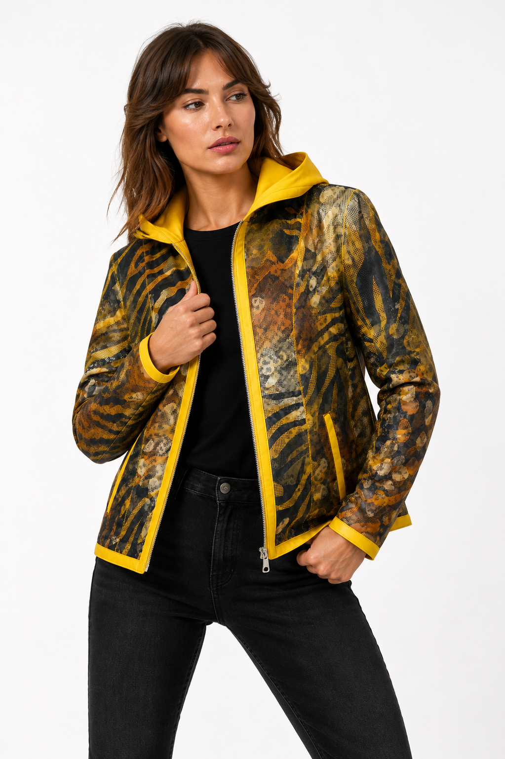 Lamb Leather Reversible Yellow Leather Hooded Jacket for Women