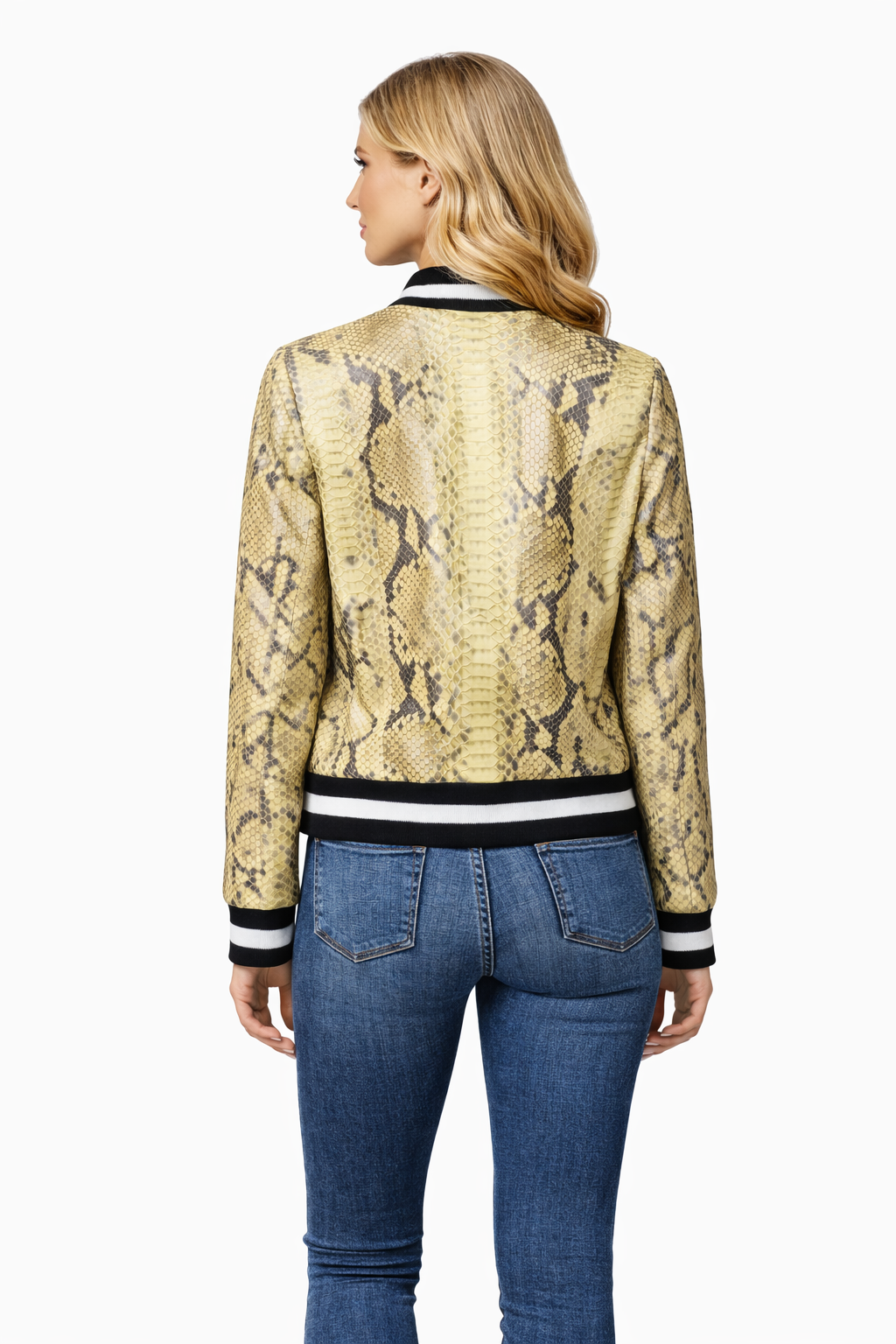 Yellow Lamb Python Print Women College Leather Jacket