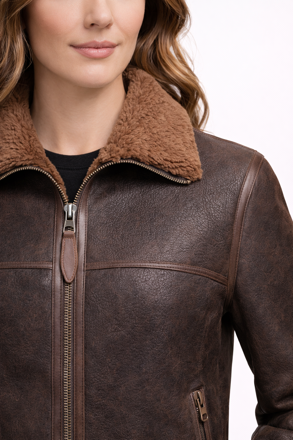 Brown Lamb Fur Leather Jacket for Women