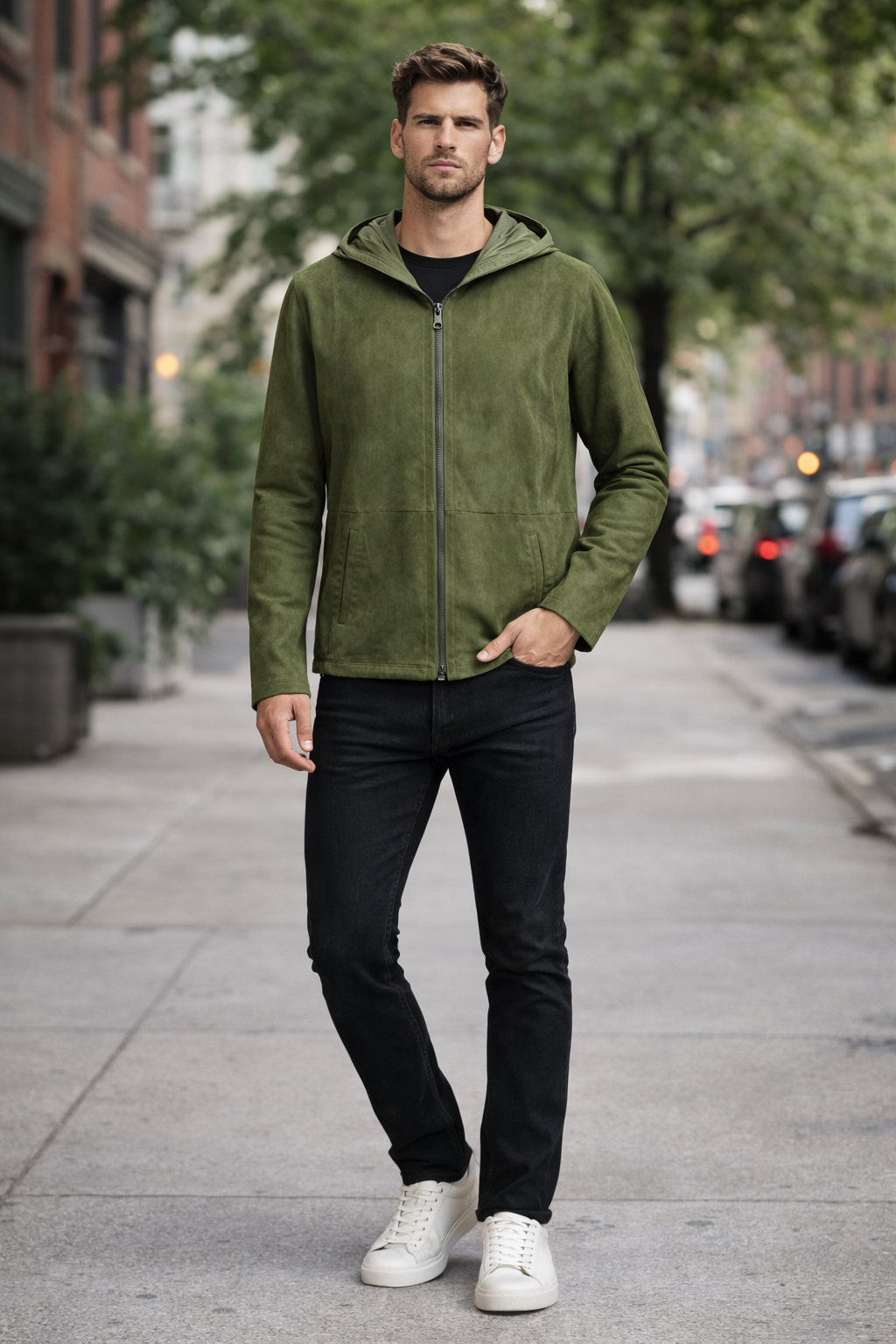 Reverseble Leather and Suede Hooded Jacket for Men