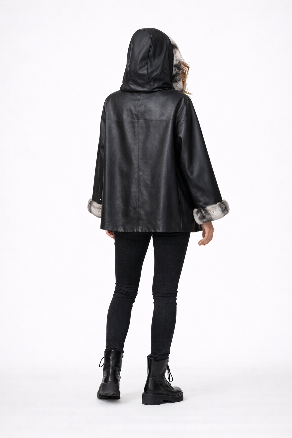 Lamb Leather Black Leather Jacket With Rex Fur for Women