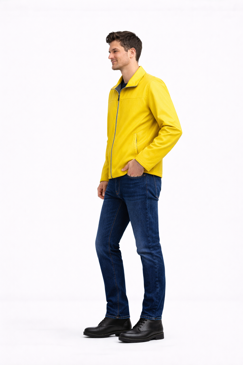 Reversble Lamb Leather and Windproof Fabric Yellow and Black Jacket for Men