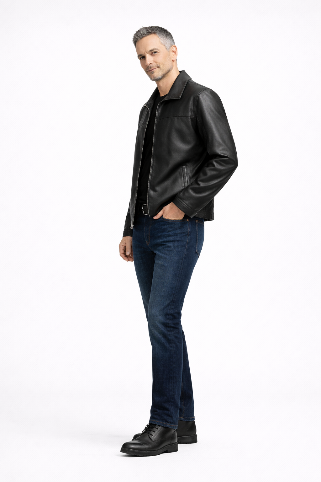 Reversble Lamb Leather and Windproof Fabric Black Jacket for Men