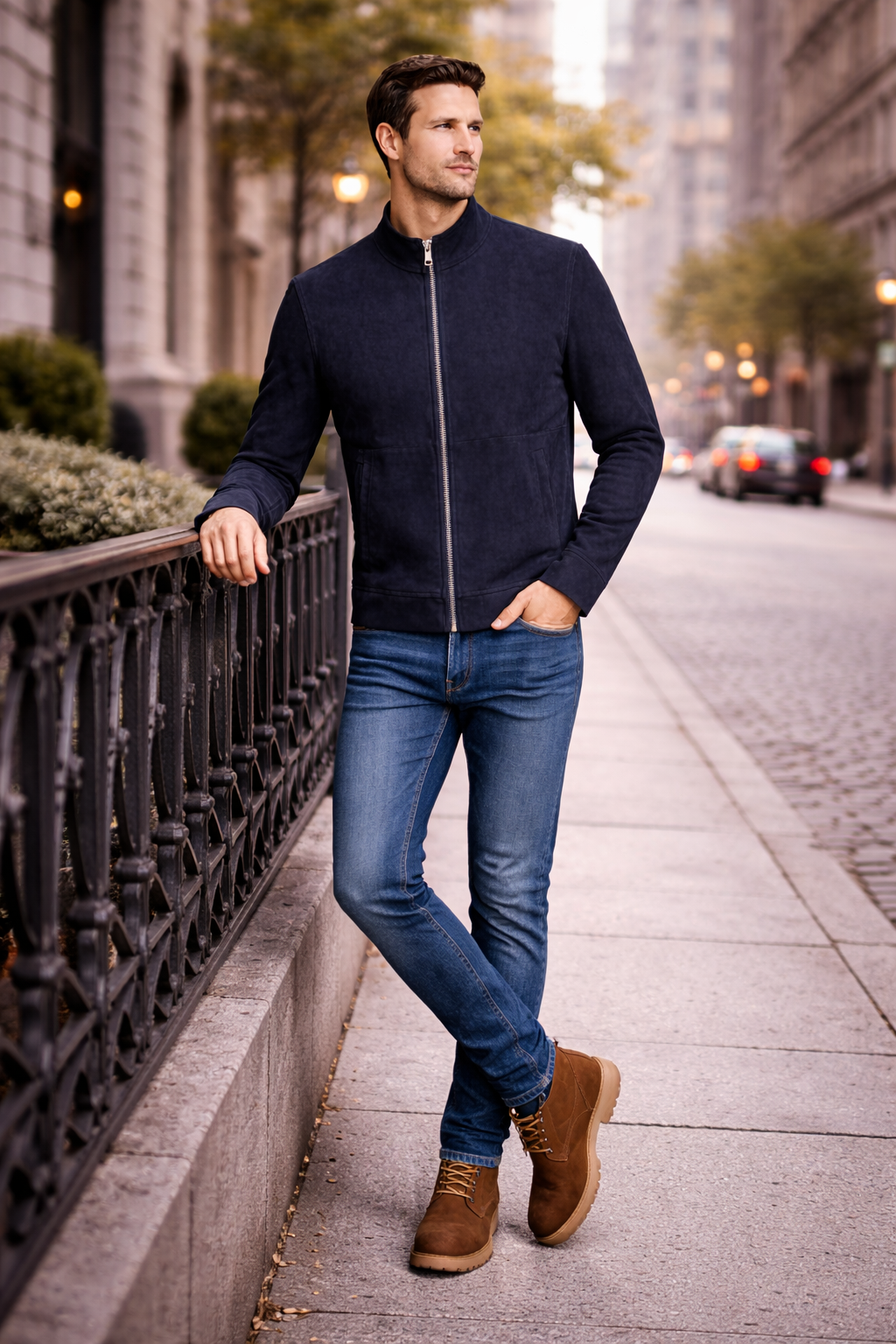 Lamb Leather Navy Blue Suede Jacket for Men
