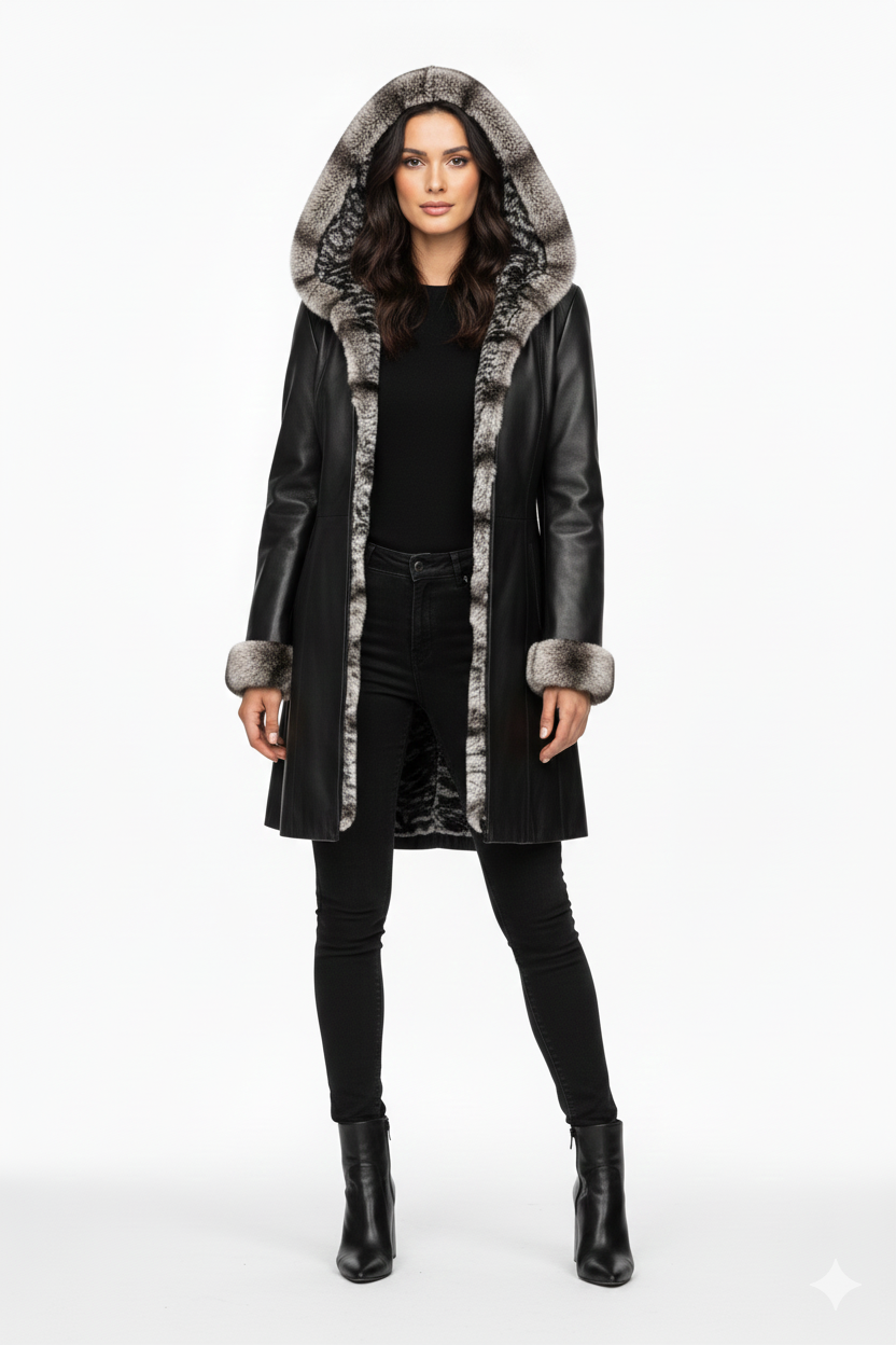 Lamb Leather Black Leather with Rex Fur Jacket for Women Long Model