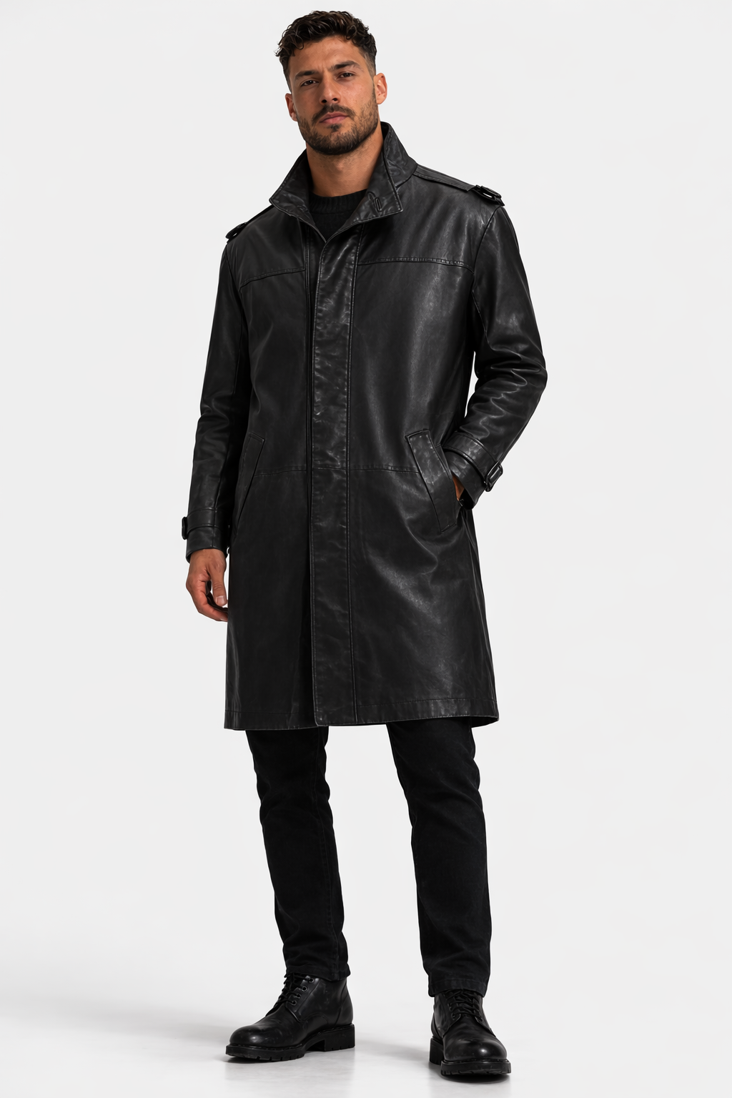 Lamb Leather Black Long Leather Jacket for Men