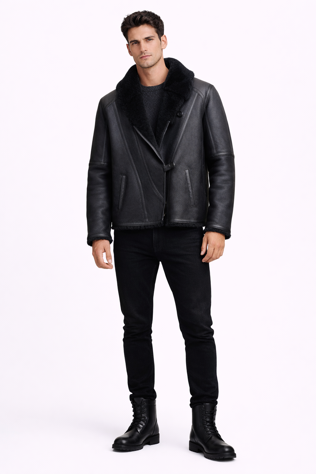 Lamb Leather and Fur Black Jacket for Men