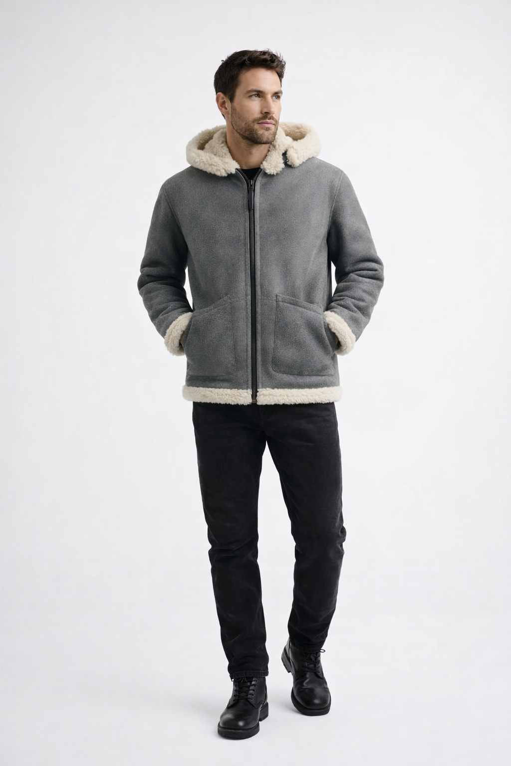 Grey Fur Leather Jacket for Men