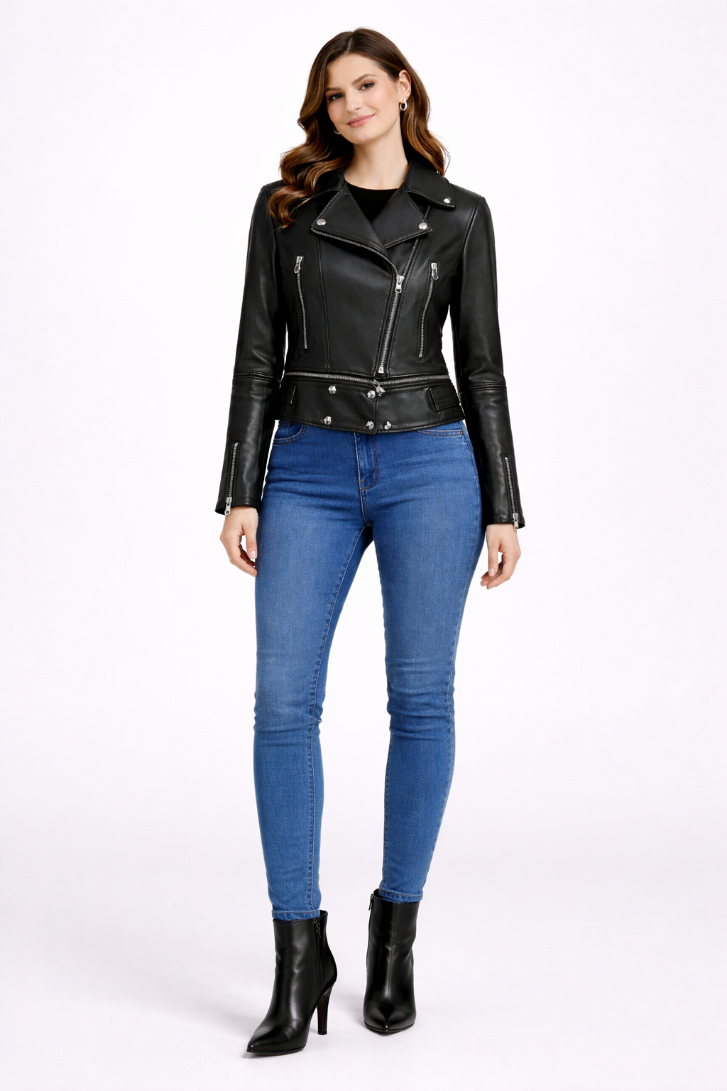 Black Zig Lamb Leather Zipper Motorcycle Women Jacket