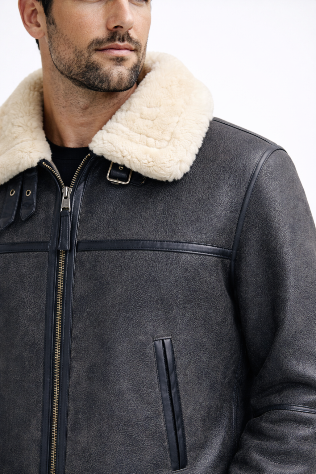 Fur Leather Black Jacket for Men