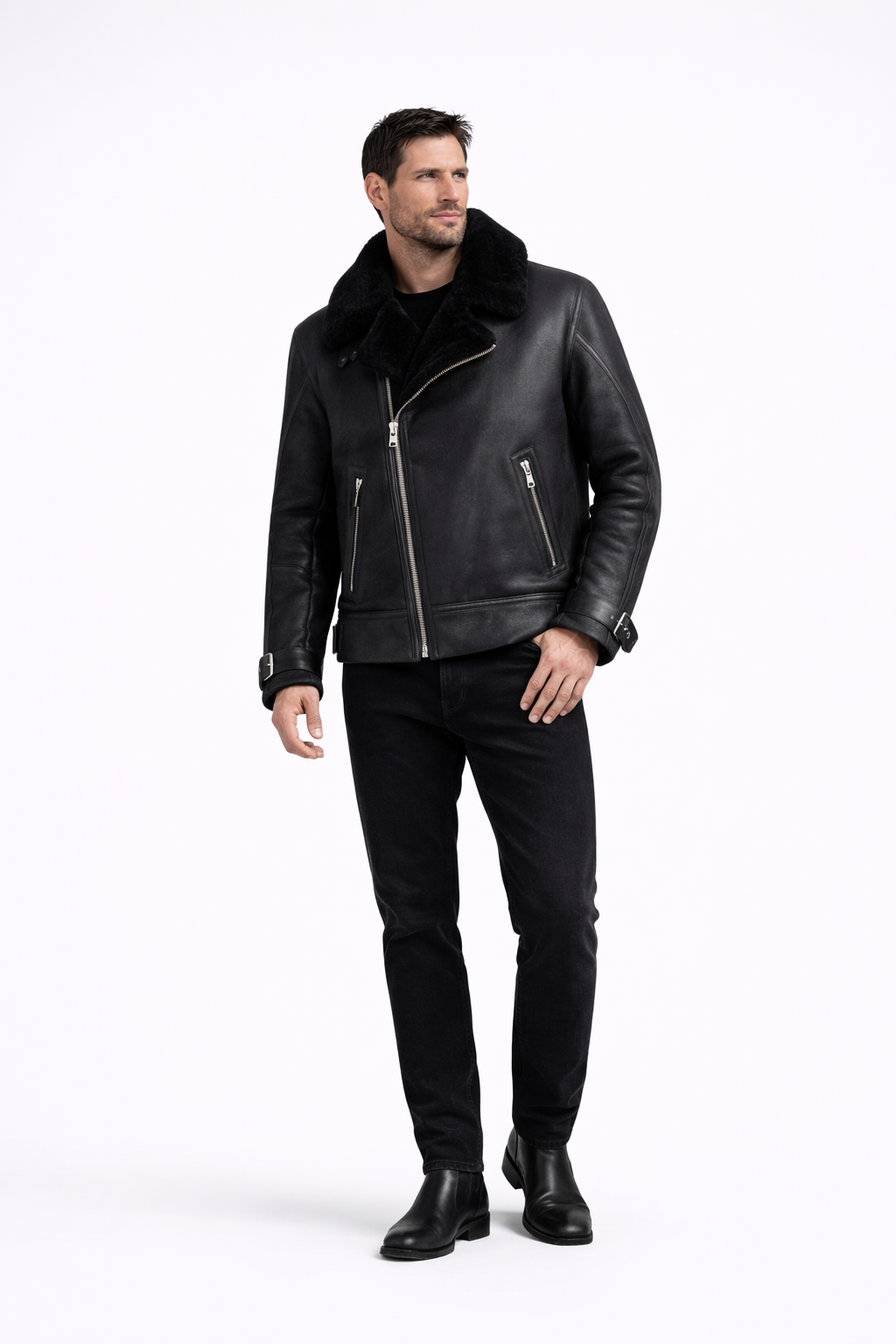 Lamb Leather Black Biker Jacket with Fur for Men