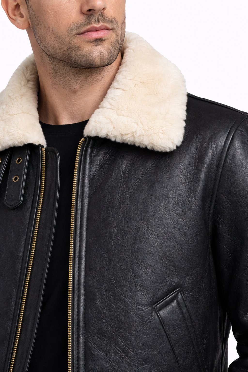 Fur Leather Black Leather Jacket for Men