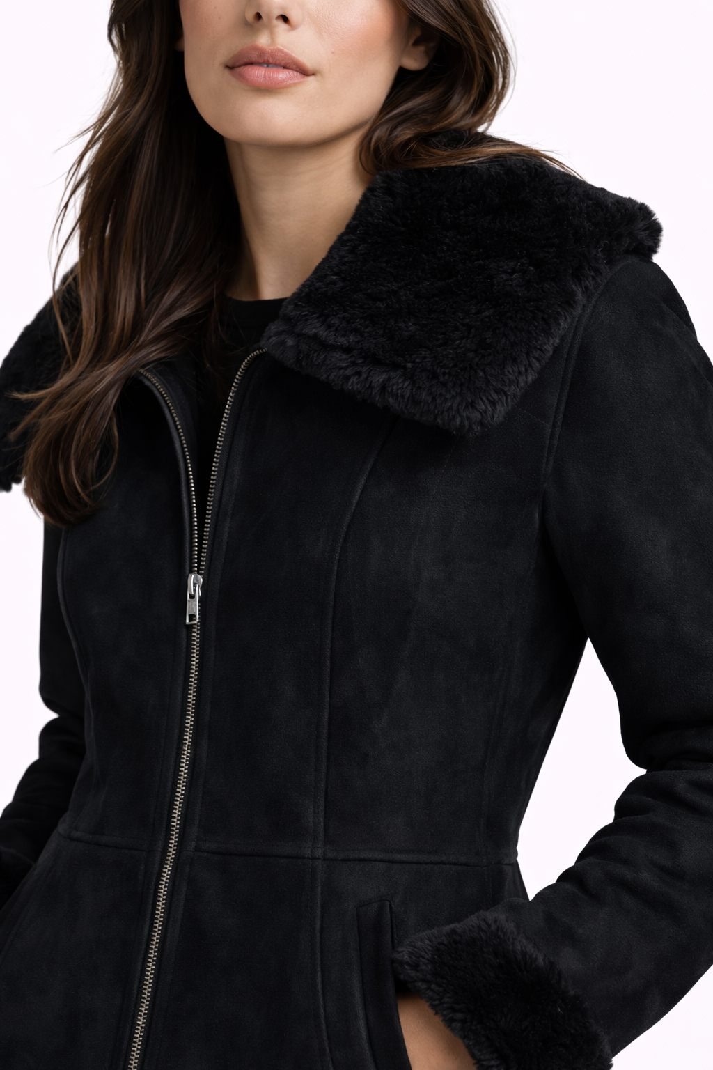 Fur Leather Black Coat Jacket for Women