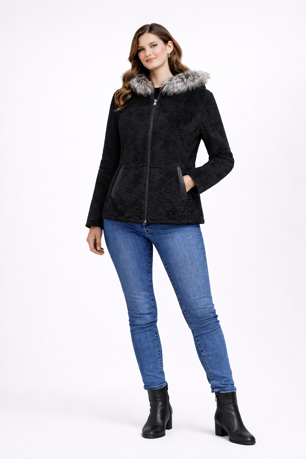 Black Full Fur hooded Women Leather Jacket