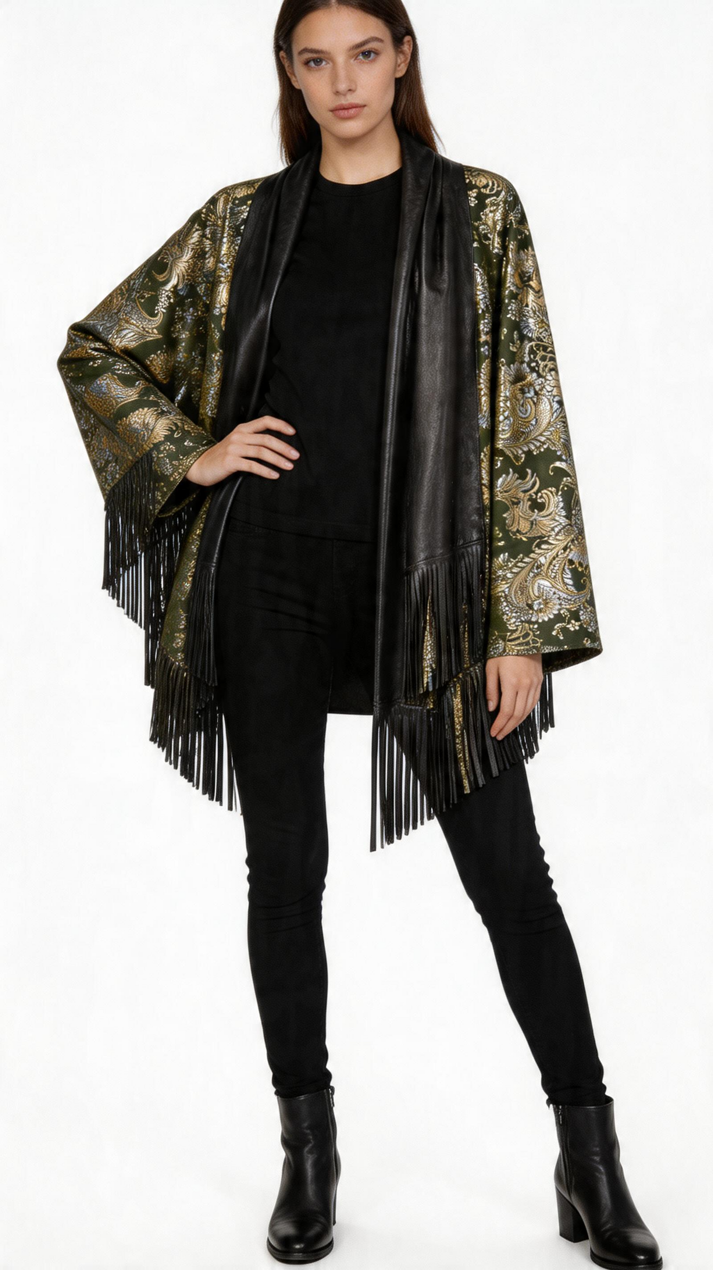Lamb Leather Black Gold Poncho for Women