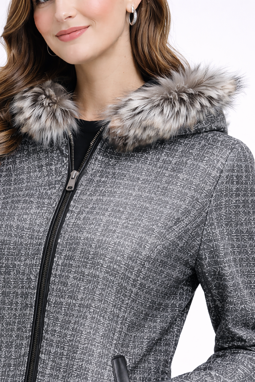 Women's Leather Jacket with Furry Lambskin and Digital Print