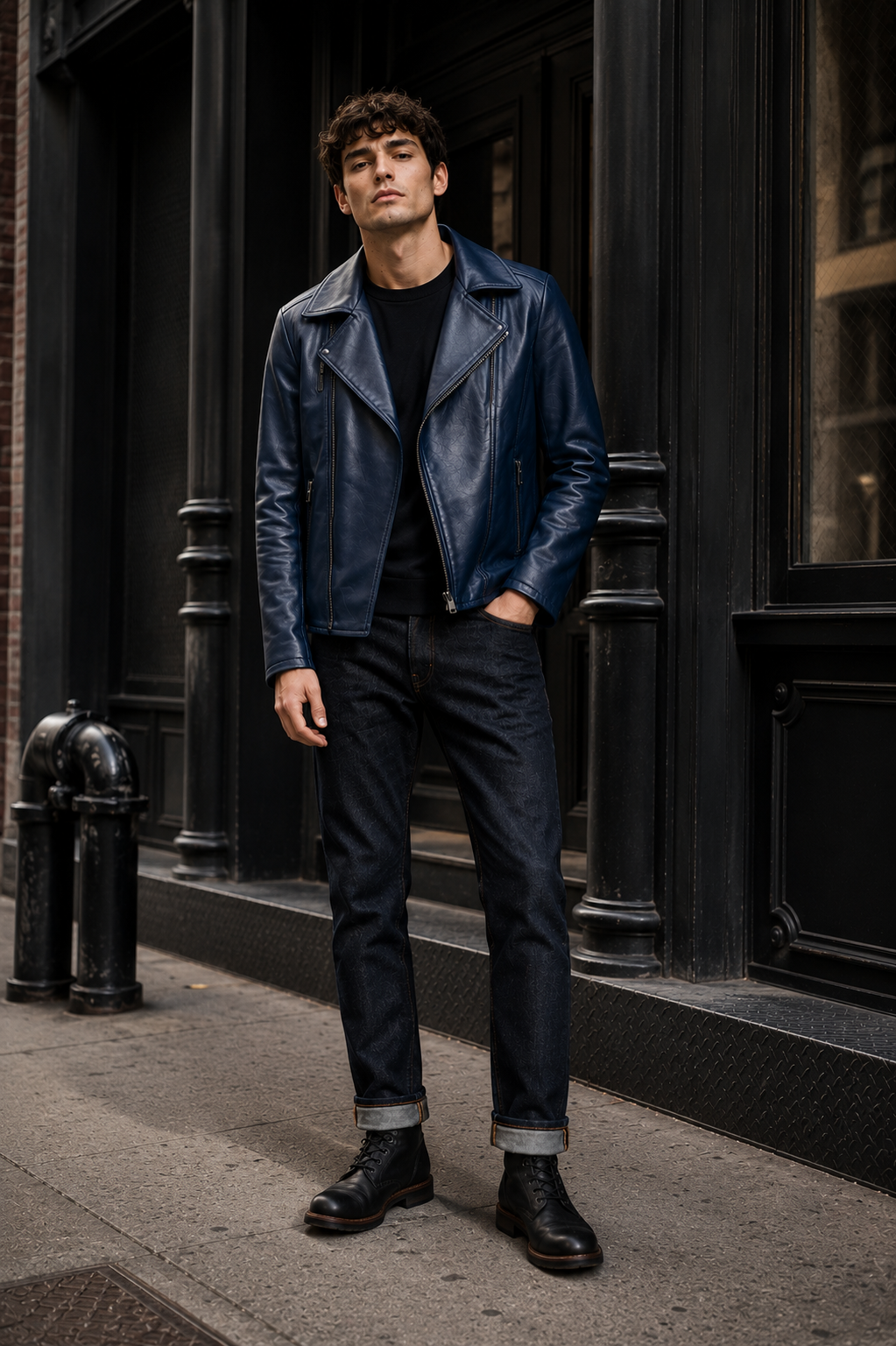 Navy Blue Leather Jacket for Men