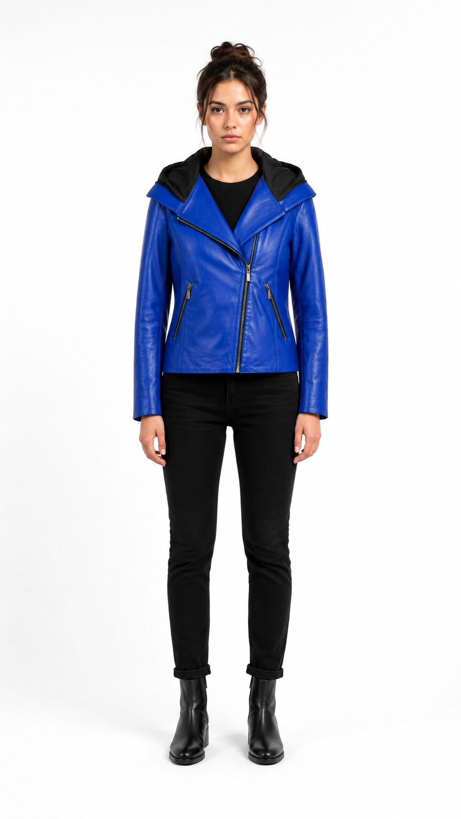 Blue Lamb Leather Hooded Jacket for Women