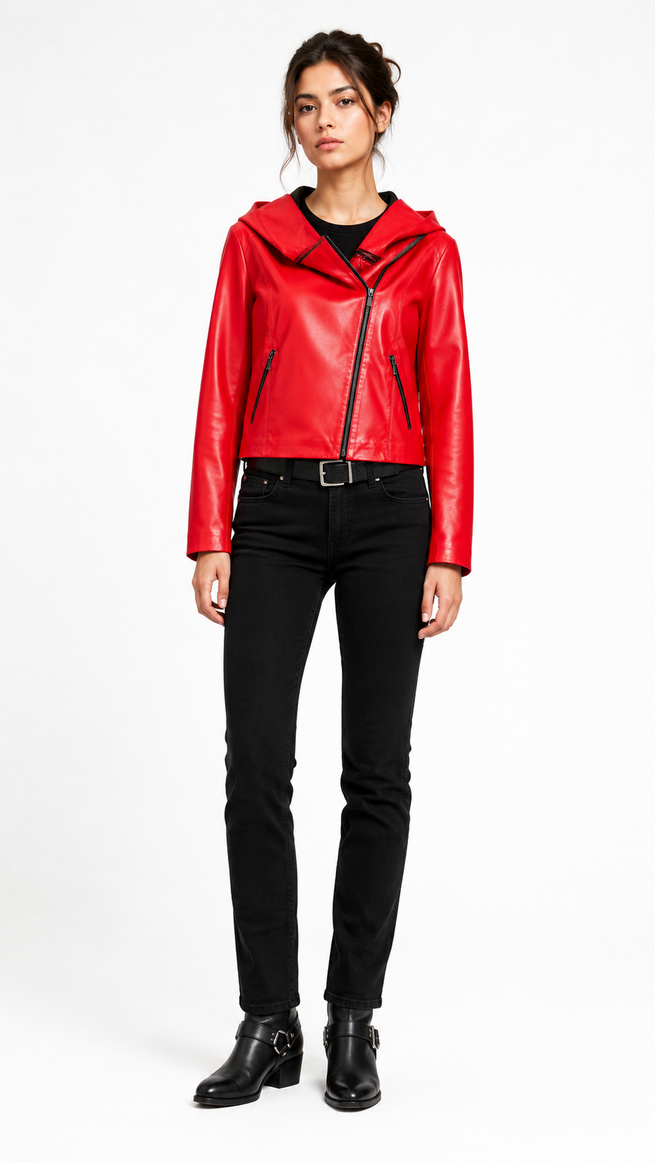 Red Lamb Leather Hooded Jacket for Women