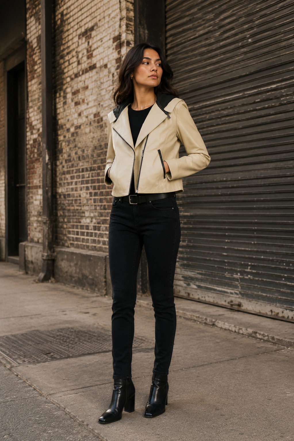 Beige Lamb Leather Hooded Jacket for Women