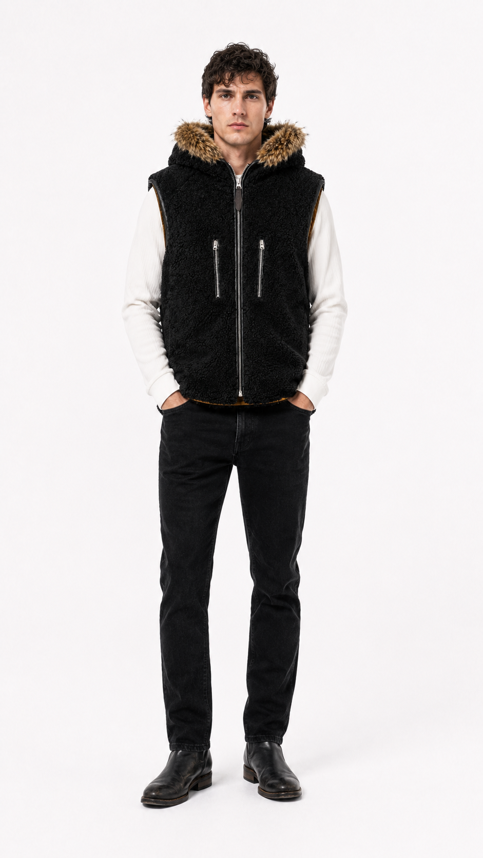 Lamb Fur and Leather Suede Waistcoat for Men
