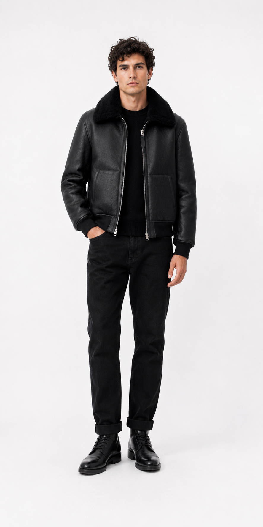Lamb Fur Black Leather Jacket for Men