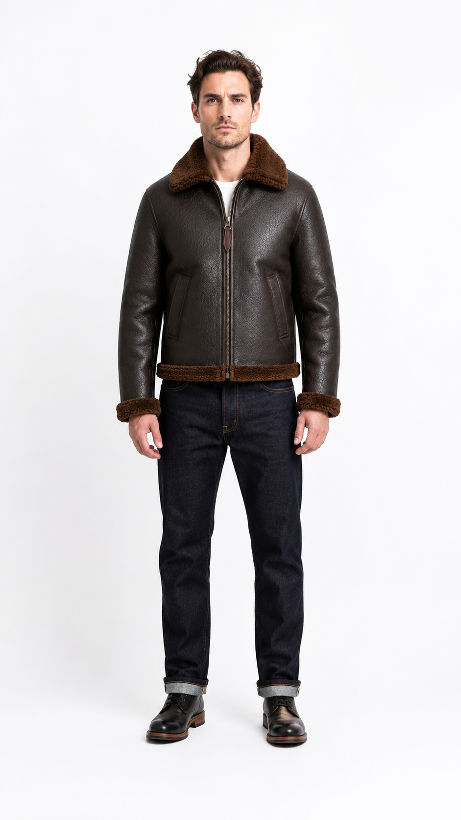 Lamb Fur Brown Leather Jacket for Men