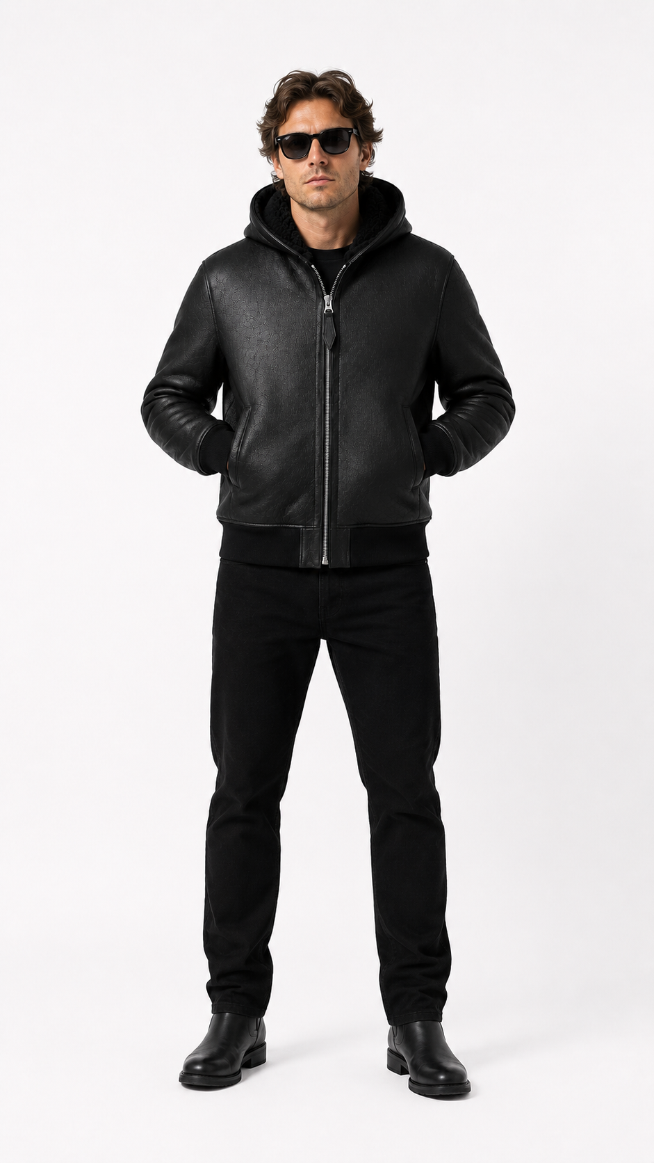 Lamb Leather Fur Black Hooded Jacket for Men