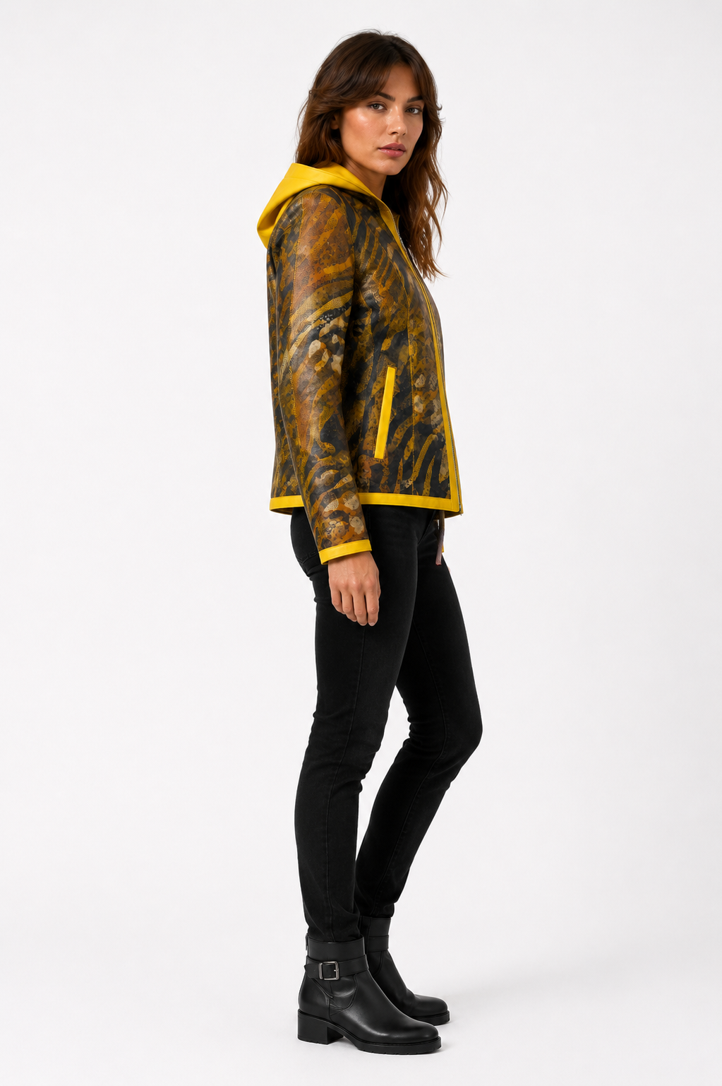 Lamb Leather Reversible Yellow Leather Hooded Jacket for Women