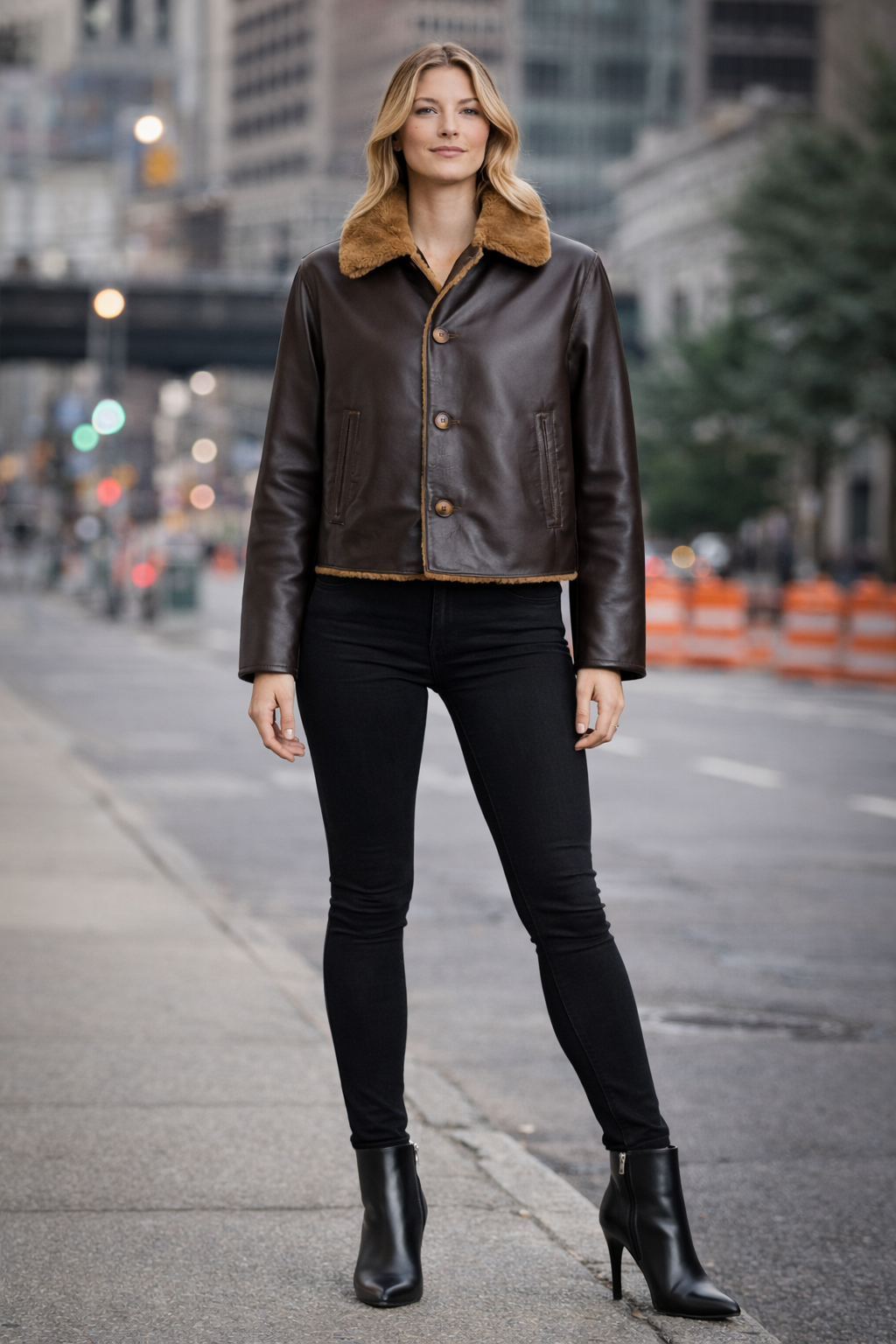 WOMEN'S FUR-LINED BROWN LEATHER JACKET
