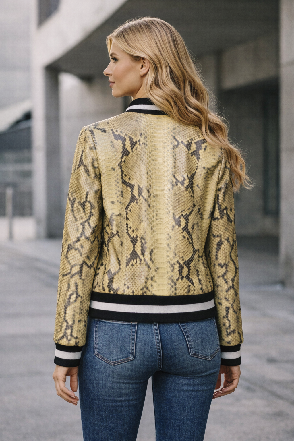 Yellow Lamb Python Print Women College Leather Jacket