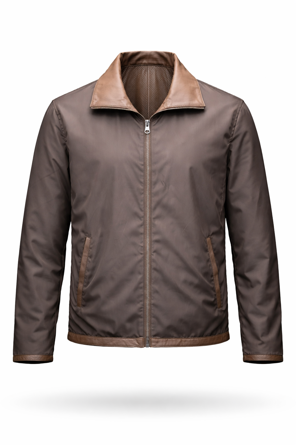 Reversble Lamb Leather and Windproof Fabric Brown Jacket for Men