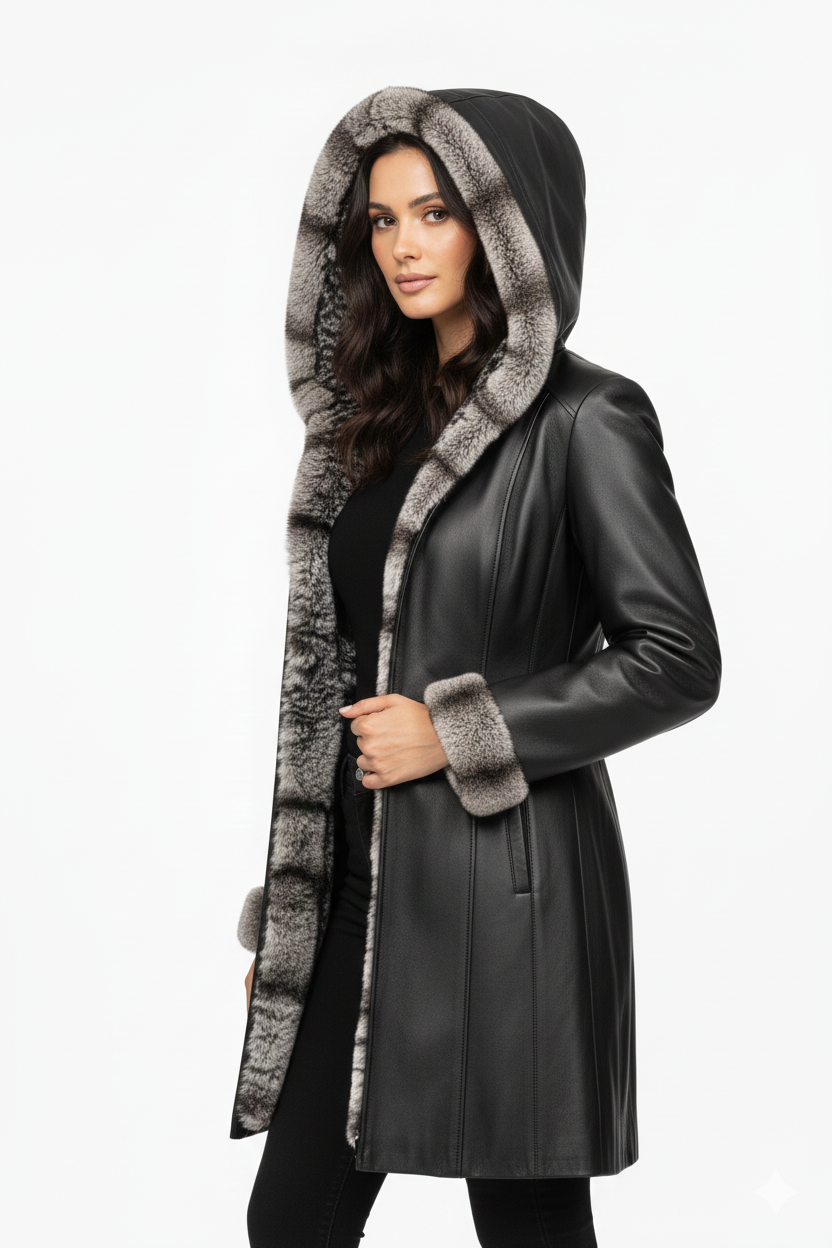 Lamb Leather Black Leather with Rex Fur Jacket for Women Long Model