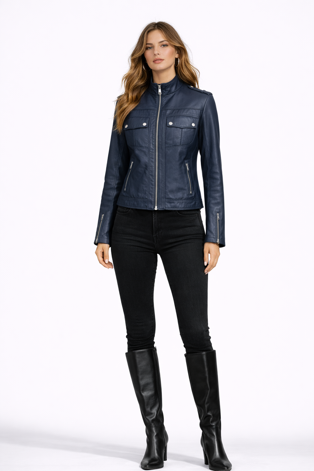 Lamb Leather Navy Leather Jacket for Women