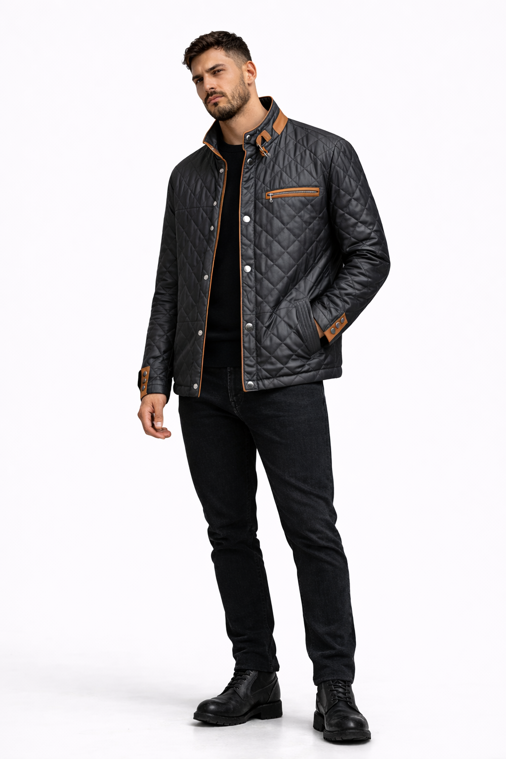 Lamb Leather Black and Brown Leather embroidered jacket for Men