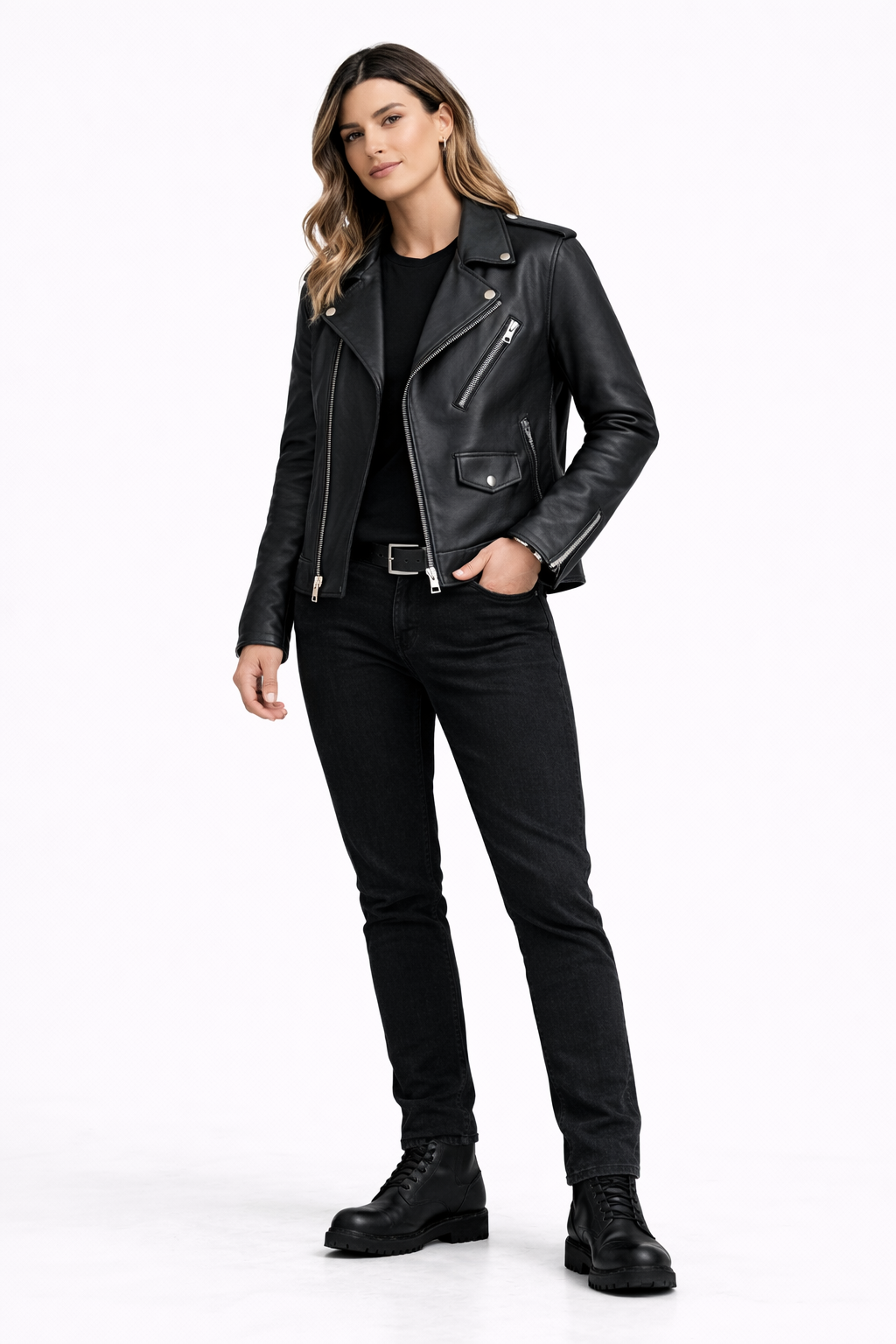 Lamb Leather Black Biker Leather Jacket for Women