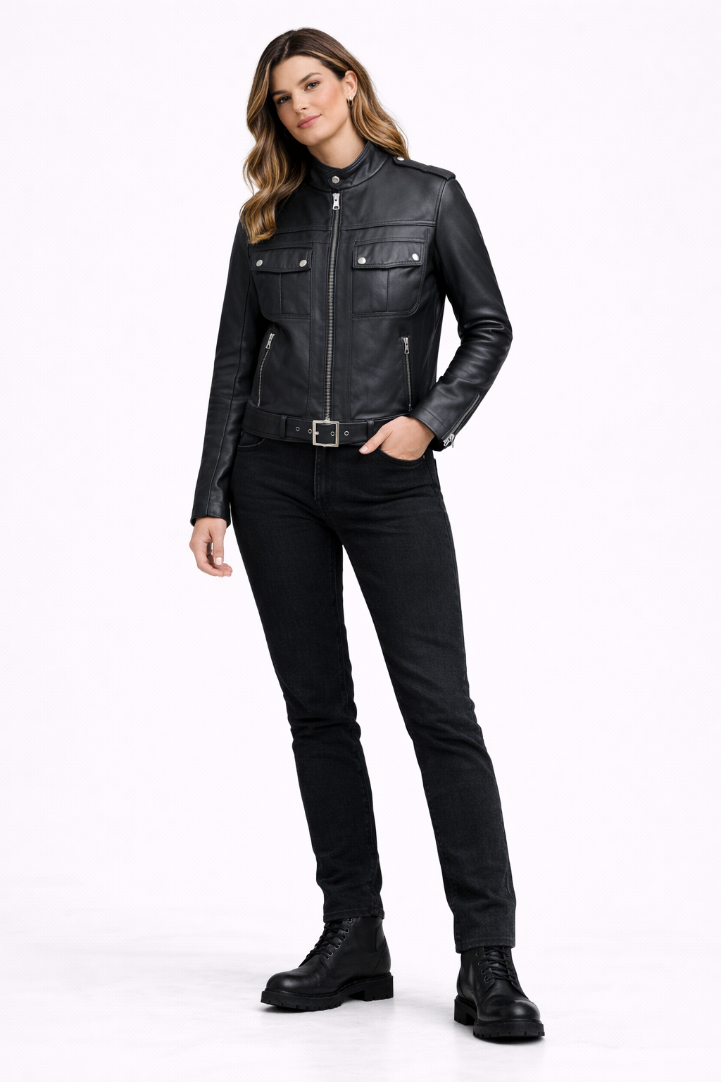 Lamb Leather Black Sportive Leather Jacket for Women
