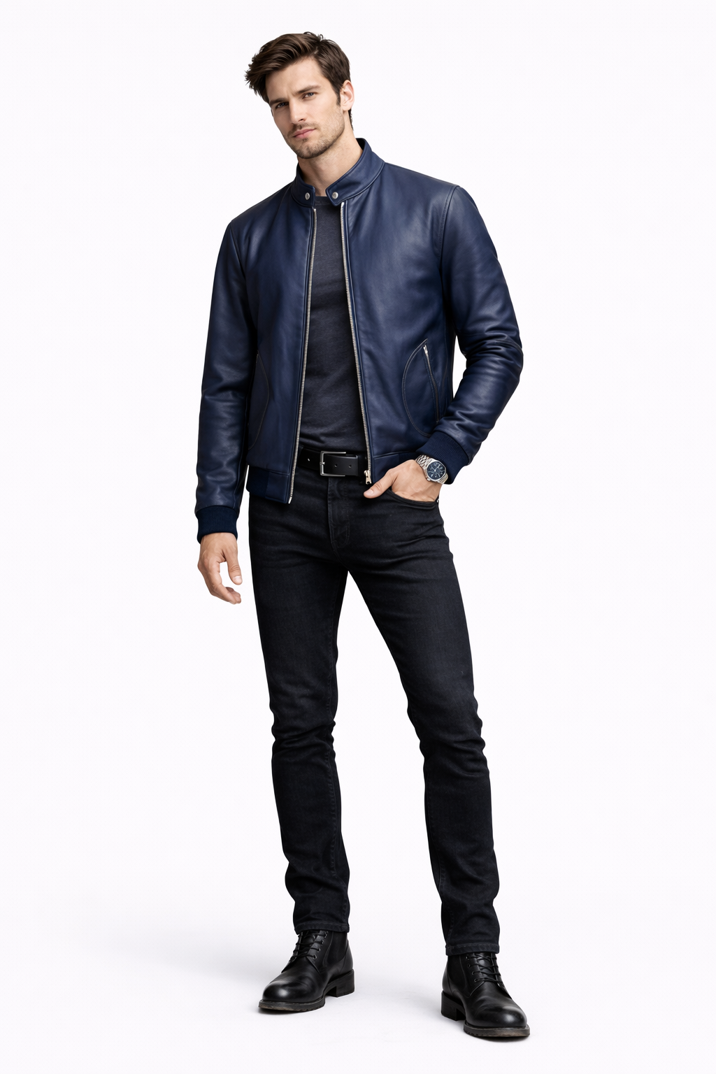 Lamb Leather Navy Blue Leather Jacket for Men