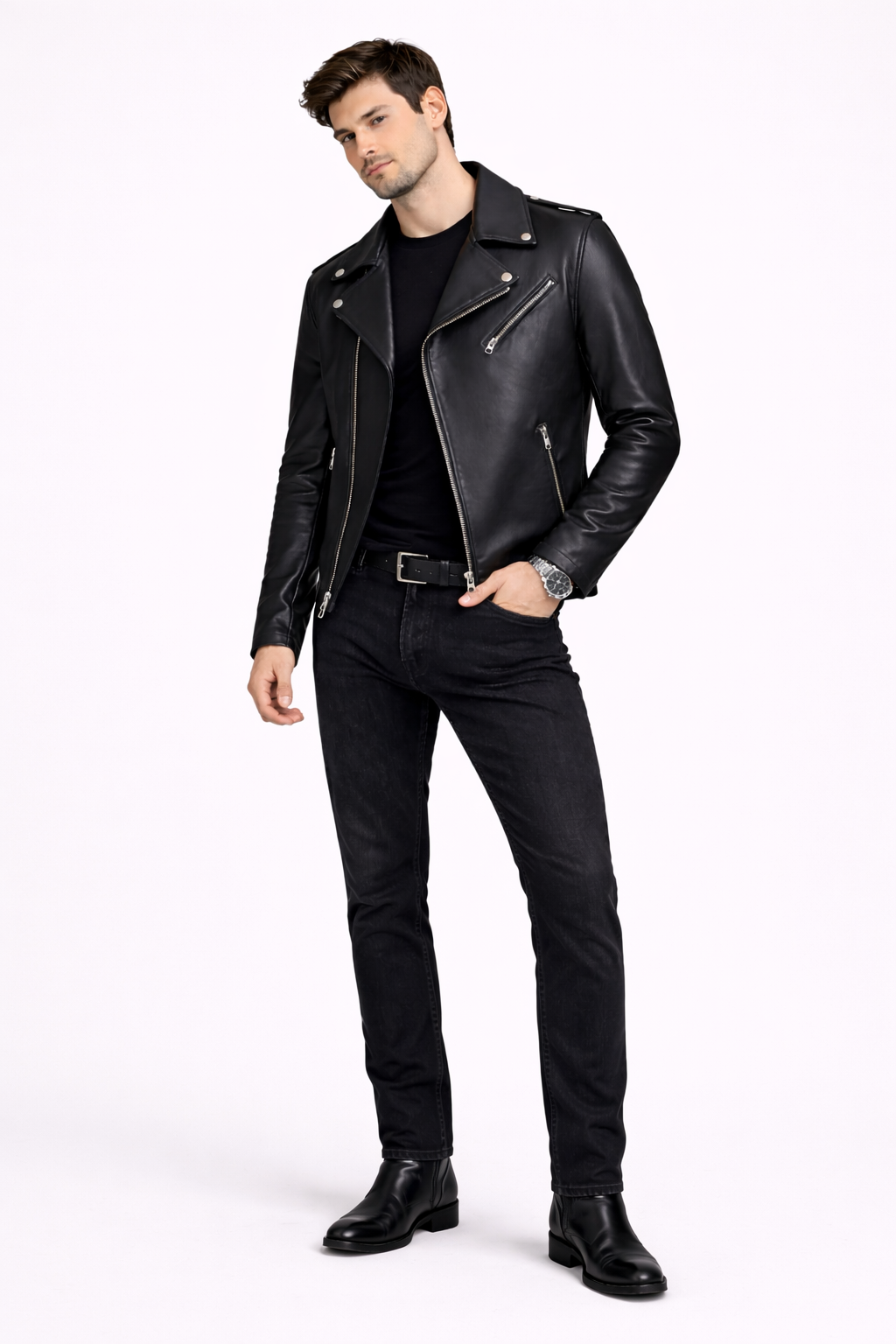 Lamb Leather Black Biker Leather Jacket for Men