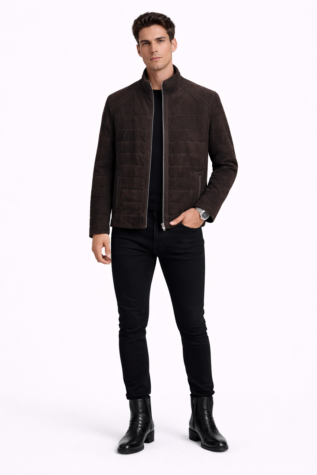 Lamb Leather Dark Brown Suede Jacket for Men