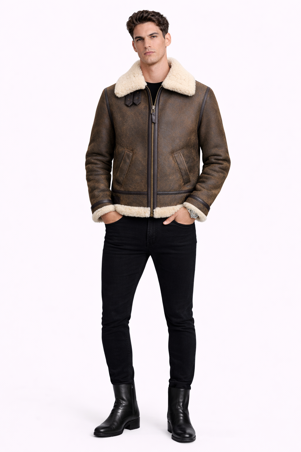 Lamb Leather and Fur Brown Jacket for Men
