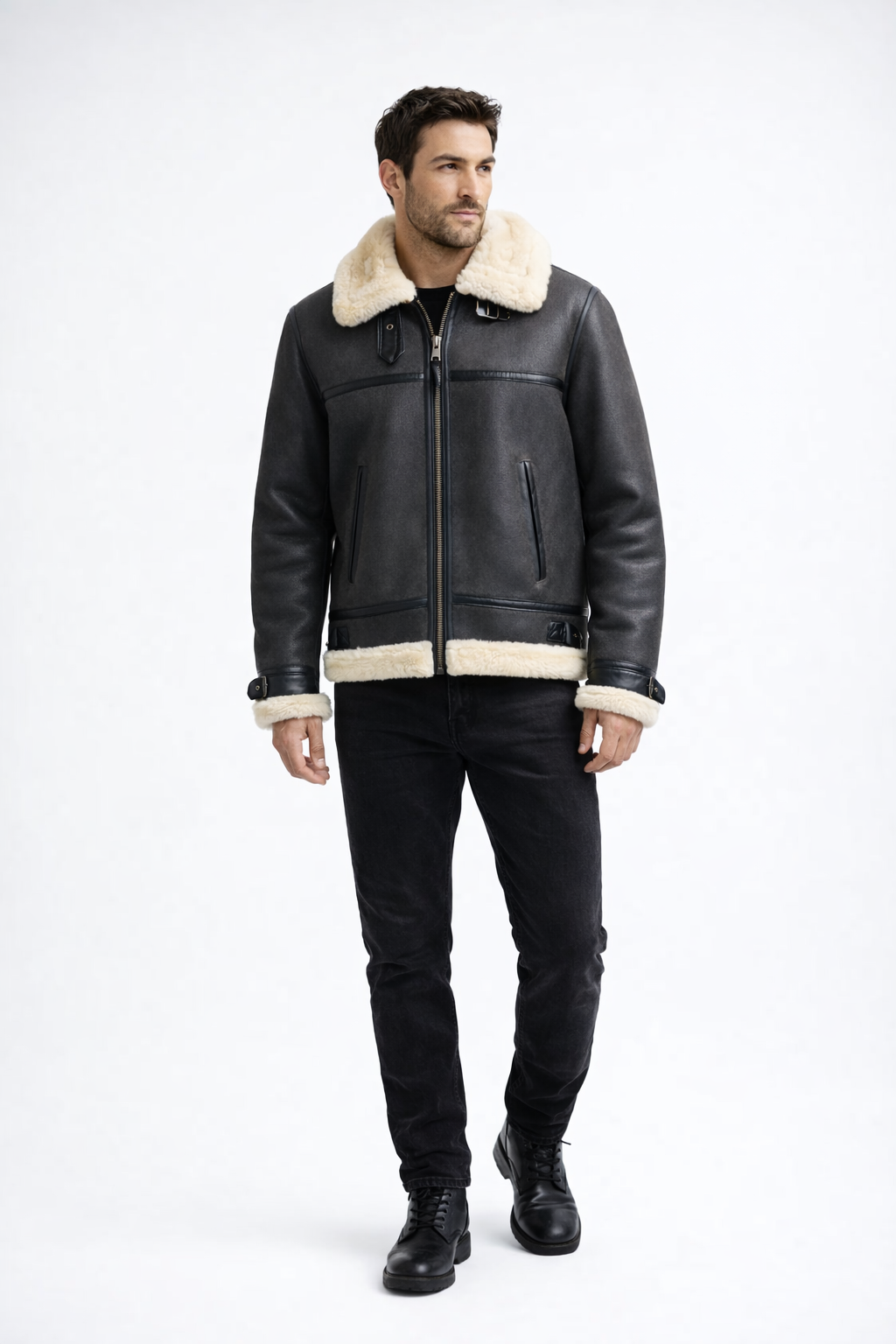 Fur Leather Black Jacket for Men