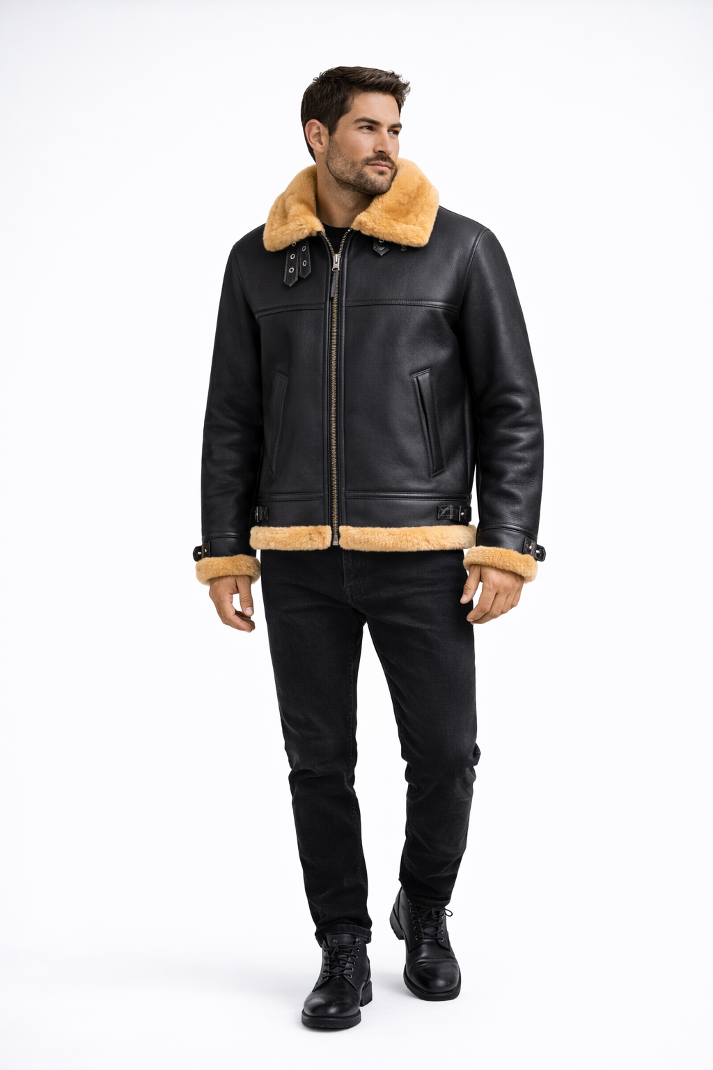Black Fur Leather Jacket for Men