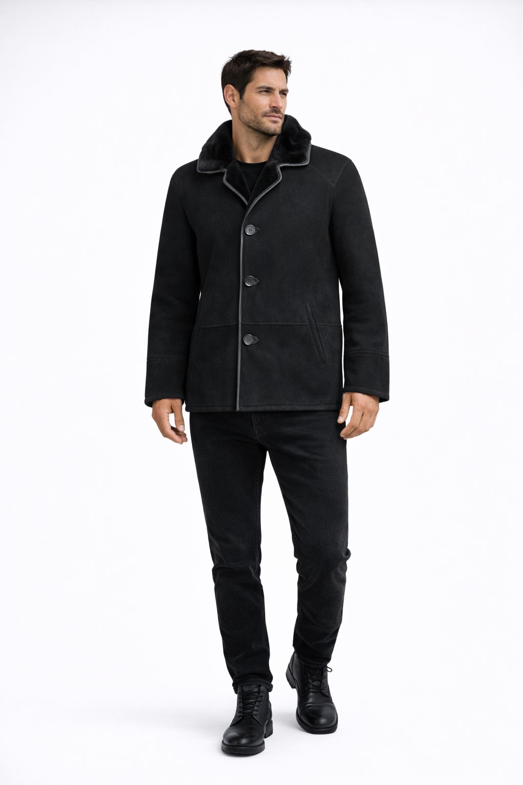 Black Fur Leather Jacket for Men