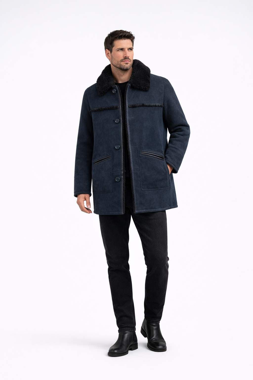 Navy Fur Leather Jacket for Men